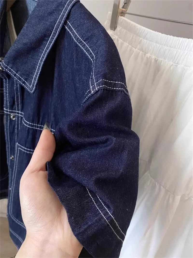 Deep Blue Retro Short Denim Shirts 2026 New Spring Summer Short Sleeved Loose Jeans Jacket Women Korean Versatile Outwear Tops