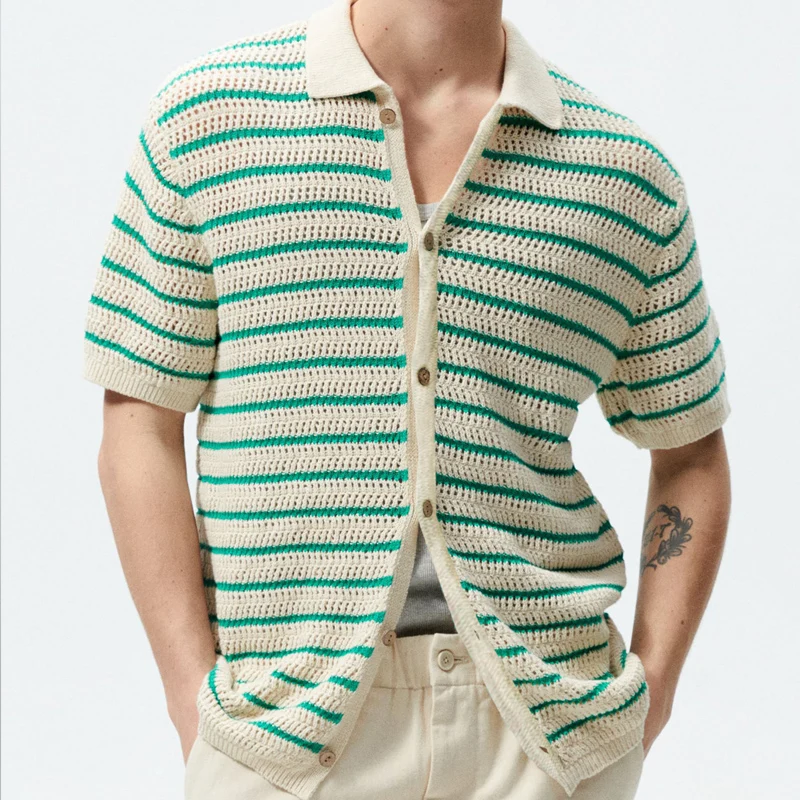 Sweater Shirts Men Knitted Short Sleeve Turn-down Collar Button Knit Shirt Mens Summer Vintage Striped Knitting Cardigan Shirts