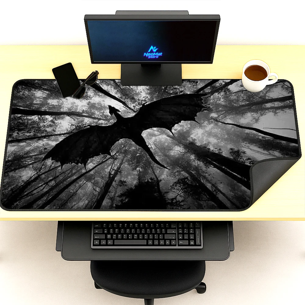Gothic Dragon Desk Pad Large XXL Gaming Table Mat Black Forest Silhouette Monochrome Mat 1200x600 XXXL Table Mat Pad Computer