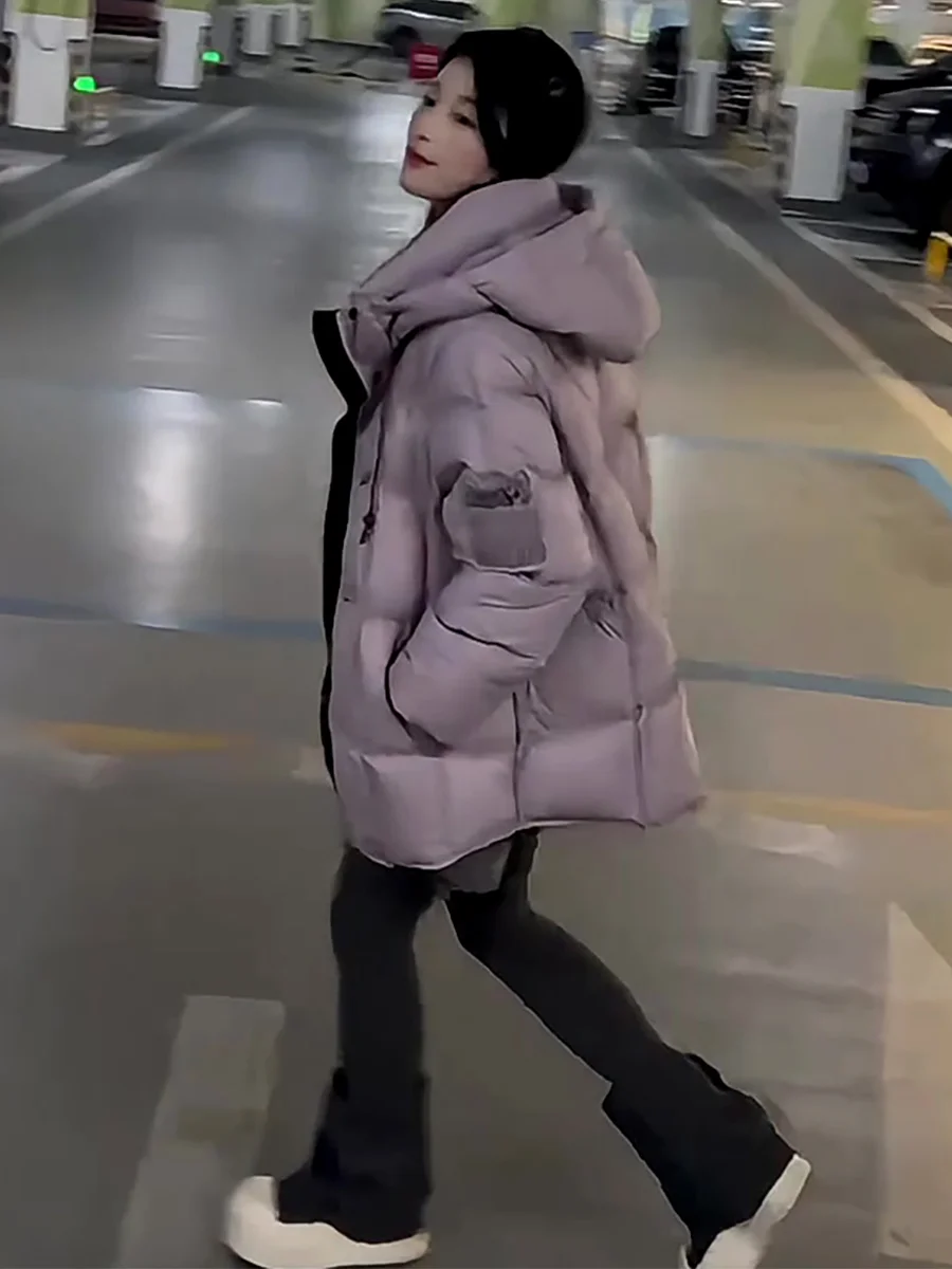 

Korean Sle Women's Puffer Jaet Purple Cloudy Du down Coat Thi Warm 90% White Du Feather Mid-Length Outerwear