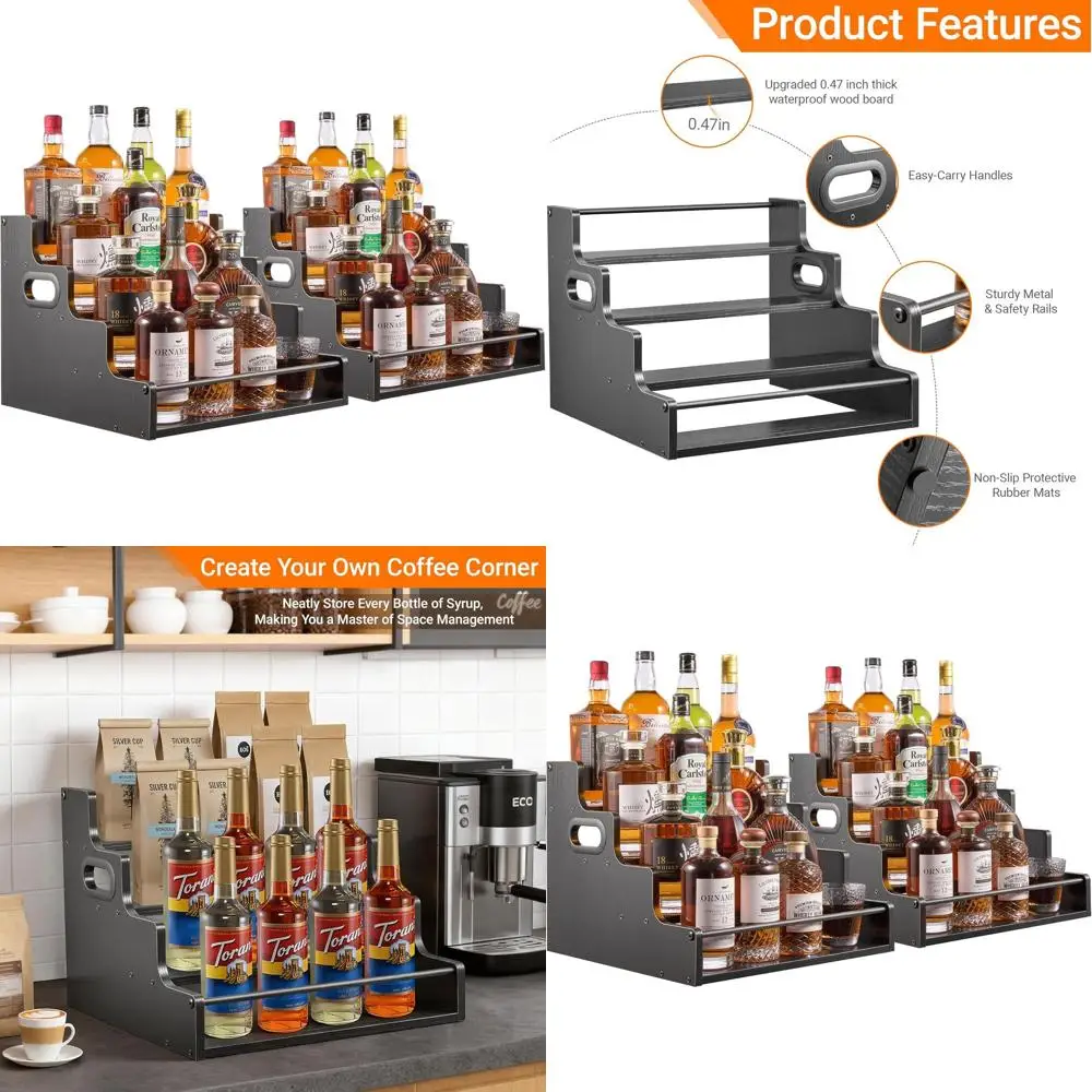 

16-дюймовая 4-ярусная деревянная полка для бутылок с алкоголем, черная - органайзер для домашнего бара и кухни