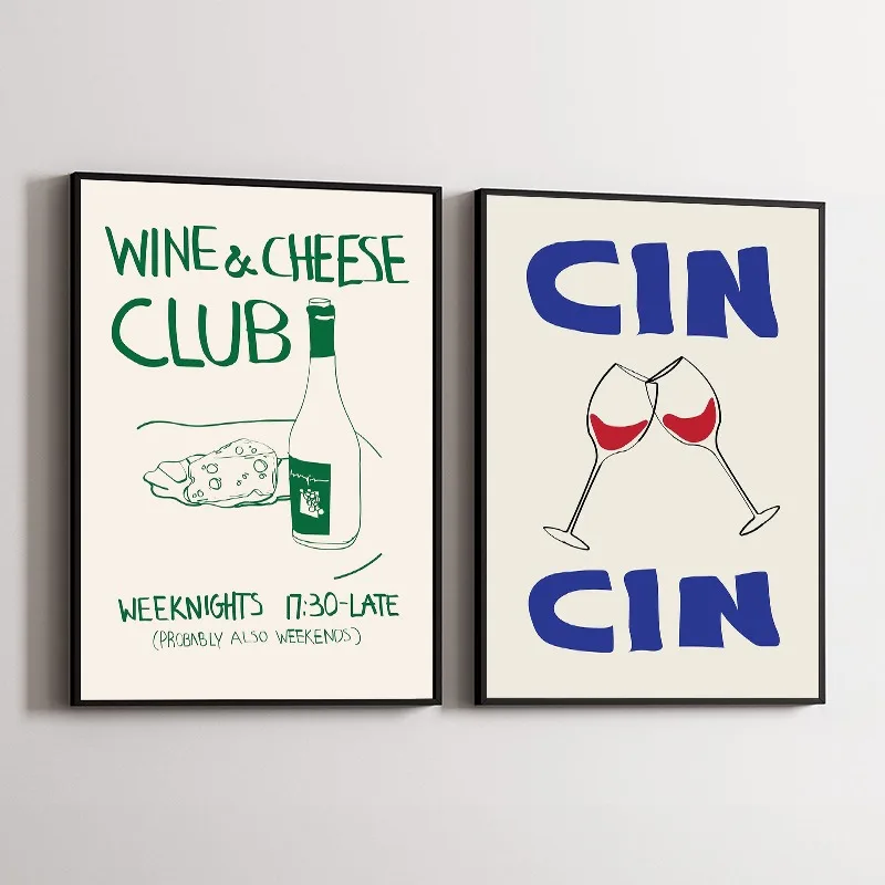 Mid Century Wine and Cheese Club Posters Prints Pic Vintage Food Quotes Wall Art Canvas Painting for Modern Kitchen Home Decor