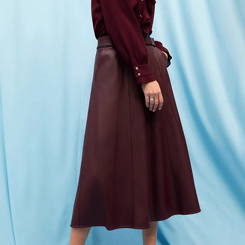 Women Genuine Leather Skirts Ladies Slim Fit Wrap Wine Red Skirt A Line Elegant Women Mid High Waist Wrap Pencil Skirt