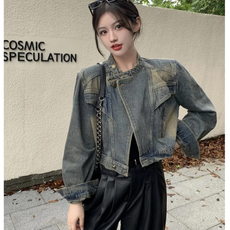 

New Ladies Handsome Denim Biker Jacket Girl Spring Autumn 2025 Retro Loose Short Long Sleeve Jacket Top Ins Denim Jacket