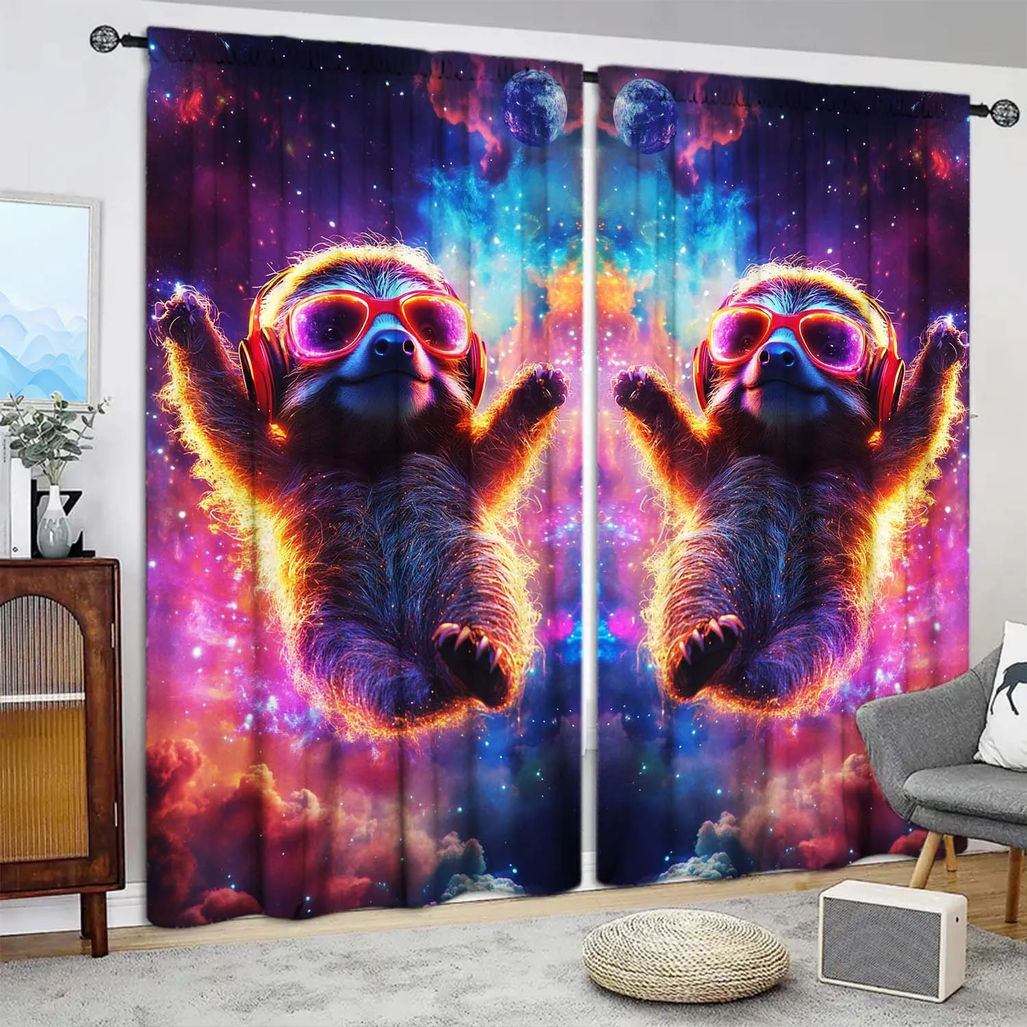 Funny Space Sloth Curtains, Colorful Galaxy Animal Print Blackout Drapes, Cool Kids Room Decor for Bedroom Living Room Window
