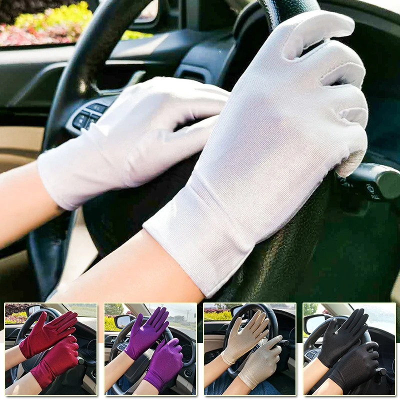 Fashion Summer Silk Gloves Women Men Sun Protection Dust-proof Driving Mittens Etiquette Thin Short Stretch Dress Dance Gloves