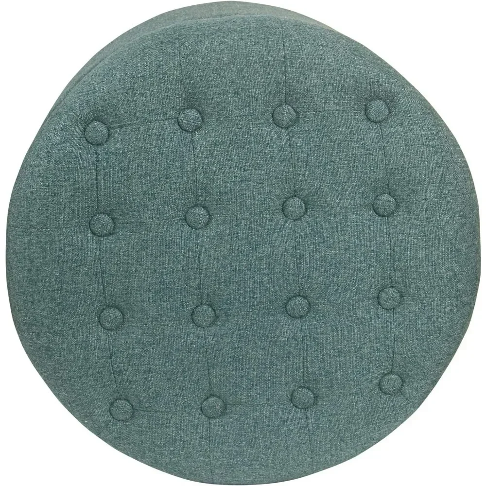 by Kinfine Fabric Upholstered Round Storage Ottoman - Button Tufted Ottoman with Removable Lid Teal Woven Stools Ottomans