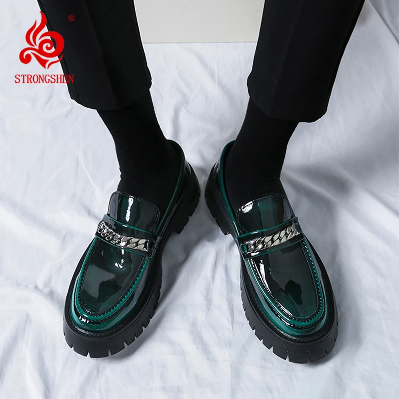 STRONGSHEN Men Handmade Leather Shoes Casual Platform Loafers Slip-on High Quality Green Thick Bottom Oxford Shoes Wedding Shoes