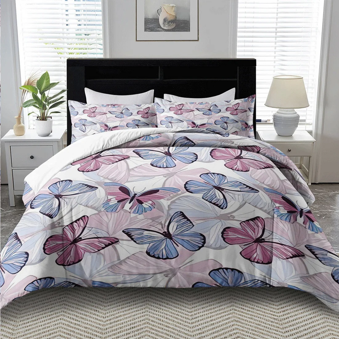 The Latest Printed Quilt Cover Set, 3-Piece Set, 1 Quilt Cover + 2 Pillowcases (Without Filling) 2D Flat Butterfly Flying 100% Polyester Quilt Cover Set, 3-Piece Printed Set for Cozy Bedroom Decoration (Suitable for All Seasons, Machine Washable, Invisible Zipper, Large Quilt Cover Set, Bedding Set Quilt Cover