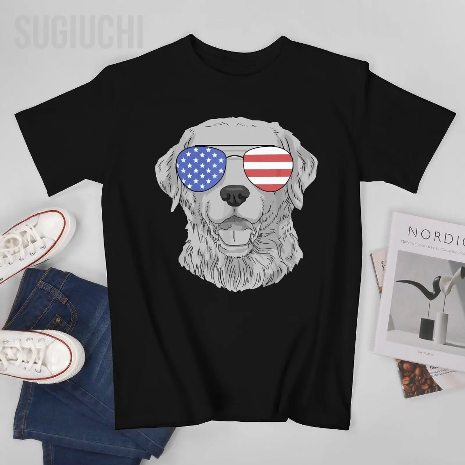 Men Labrador Retriever Dogs LAB American Flag Sunglasses Tshirt Tees O-neck T Shirts Women Boys 100% Cotton Short T-Shirt Unisex