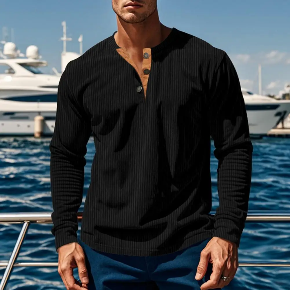 T-shirt basic da uomo slim fit Magliette casual Camicie a maniche lunghe waffle Camicie in cotone traspirante con mezzo bottone termico solido