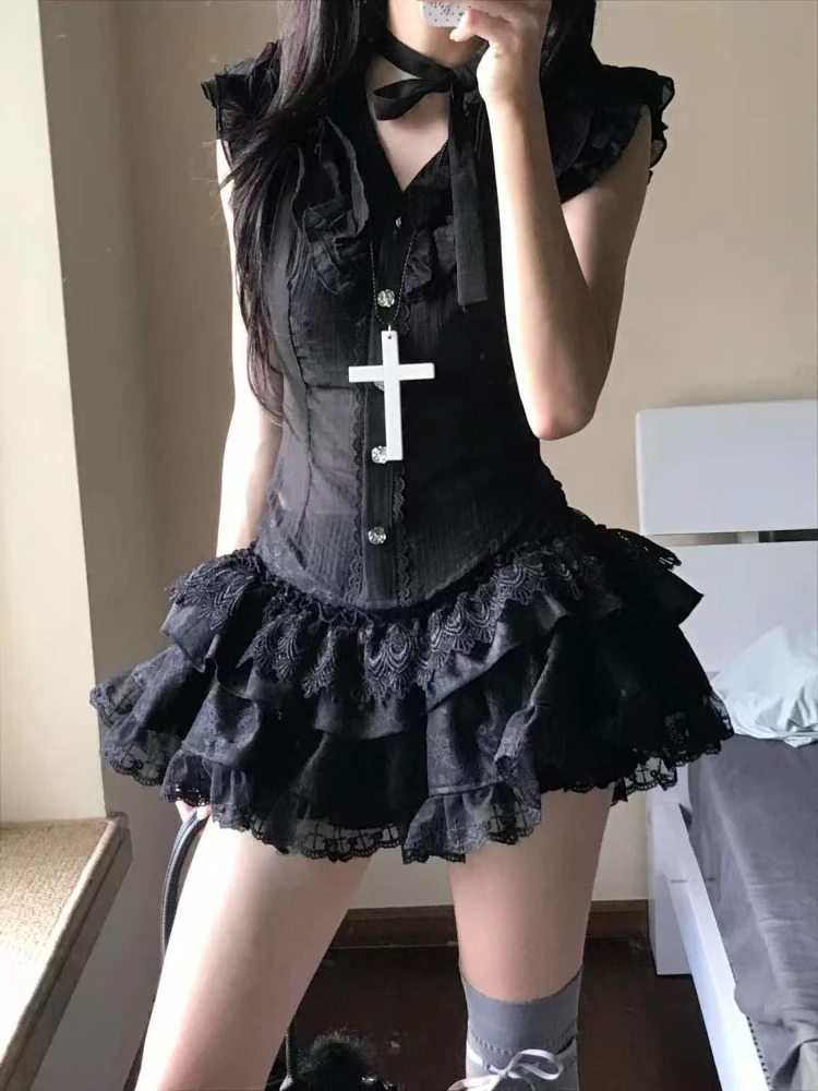 Summer New Subculture Hot Girl Black Lace Flutter Sleeve Fitted Top + Cake Skirt Suit Cute Lolita Two-Piece Set for Women 2026