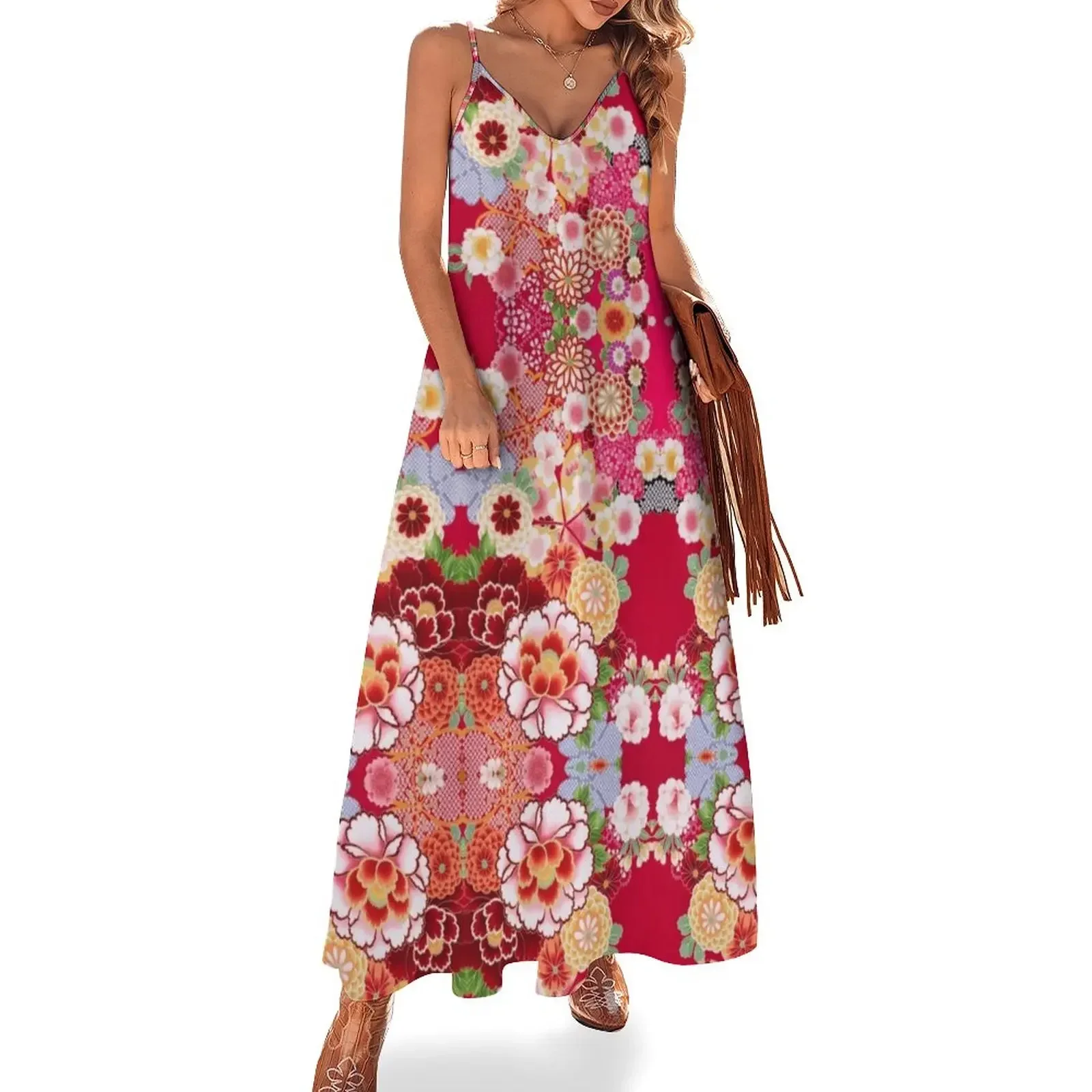 

Red Floral Burst Sleeveless Dress prom dress women's summer jumpsuit sexy dress for women