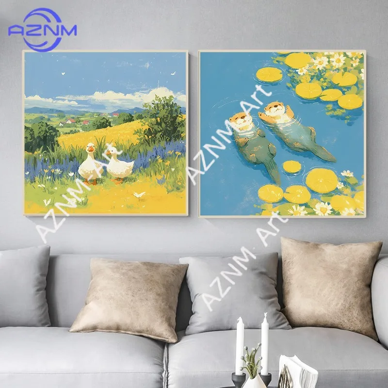 Lovely Animal Spring Field Nursery Poster Cute Otter Cat Duck Fox Sheep Canvas Painting Wall Art for Farm Living Room Home Decor