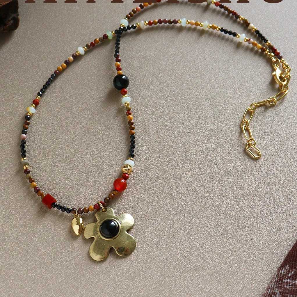 

Vintage Metal Flower Pendant Necklace Women Retro Natural Stone Beads Braided Choker Neck Jewelry Female Gifts