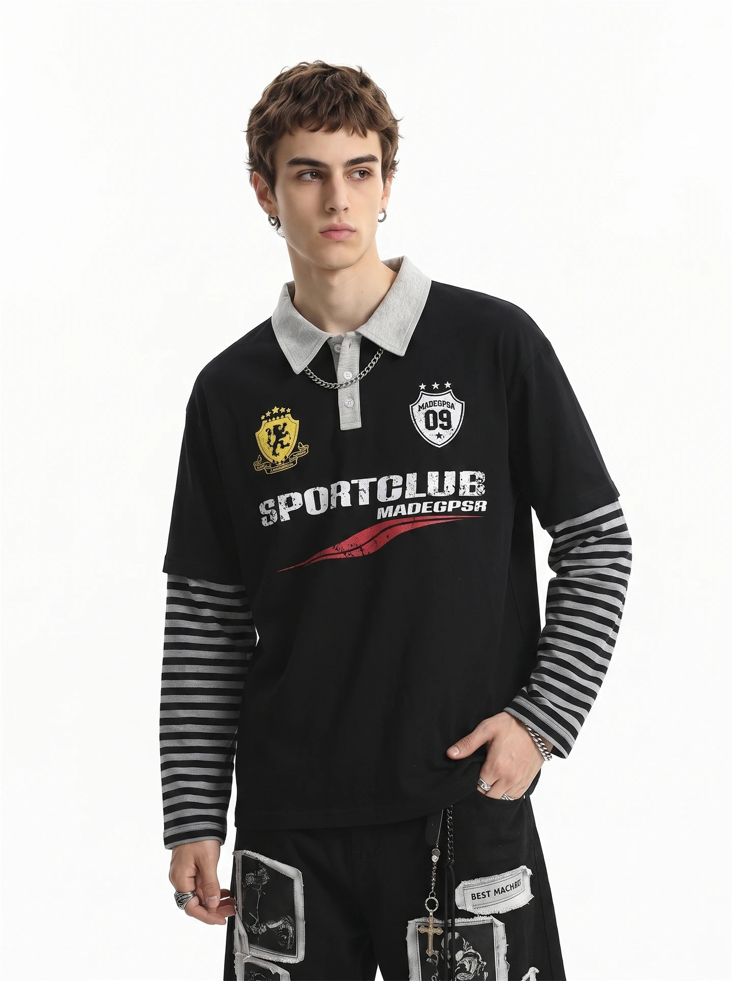American High Street  Neck Long Sleeve T-Shirt Men's Vintage Short Wide Top Printed Loose Fit Youth Fashion Home Daily Co...