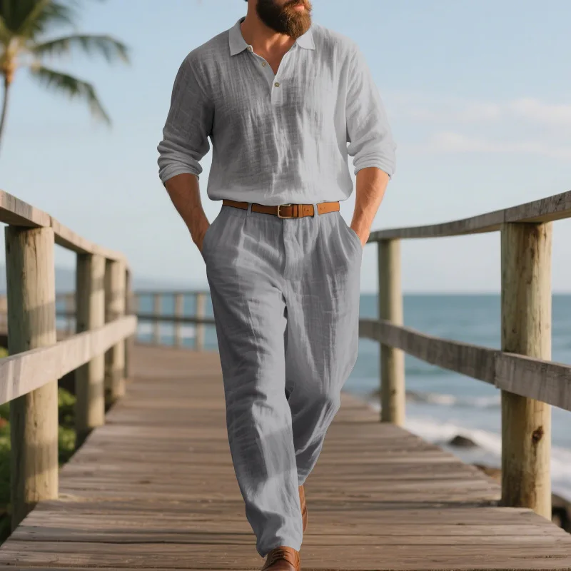 Sommer Herren Leinen 2-Teiliges Set Langarm Poloshirt Hose Einfarbig Lässig Atmungsaktiv Leicht Pendler-Outfit – Detail 18