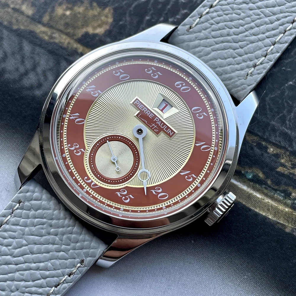 จุดสินค้าใหม่ Pierre Paulin กระโดดชั่วโมงนาฬิกาผู้ชาย Salmon Dial อัตโนมัติ St17 นาฬิกา Vintage Bonklip สร้อยข้อมือ