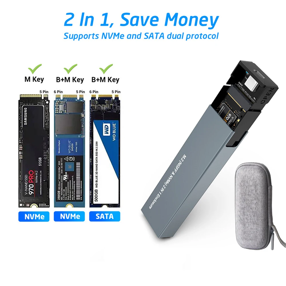 듀얼 프로토콜 M2 NVMe NGFF SATA SSD 케이스, 10Gbps HDD SSD 박스-USB3.1 외부 인클로저 박스, 2230 2242 2260 2280 M/B & M 키 