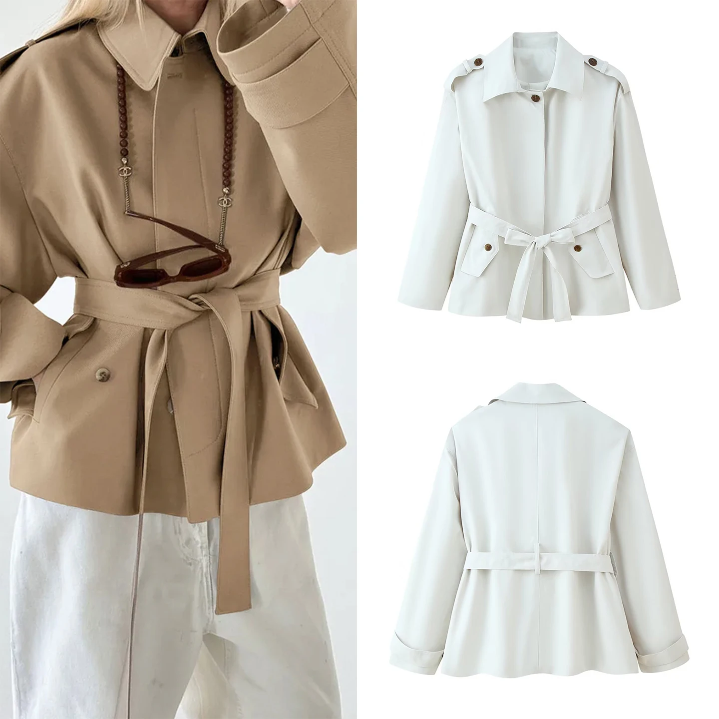 

Faionable ort Coat Jaet Women's Sle with Belt Flip Collar Autumn New Arrival Z Commute Loose Fit Long Sve