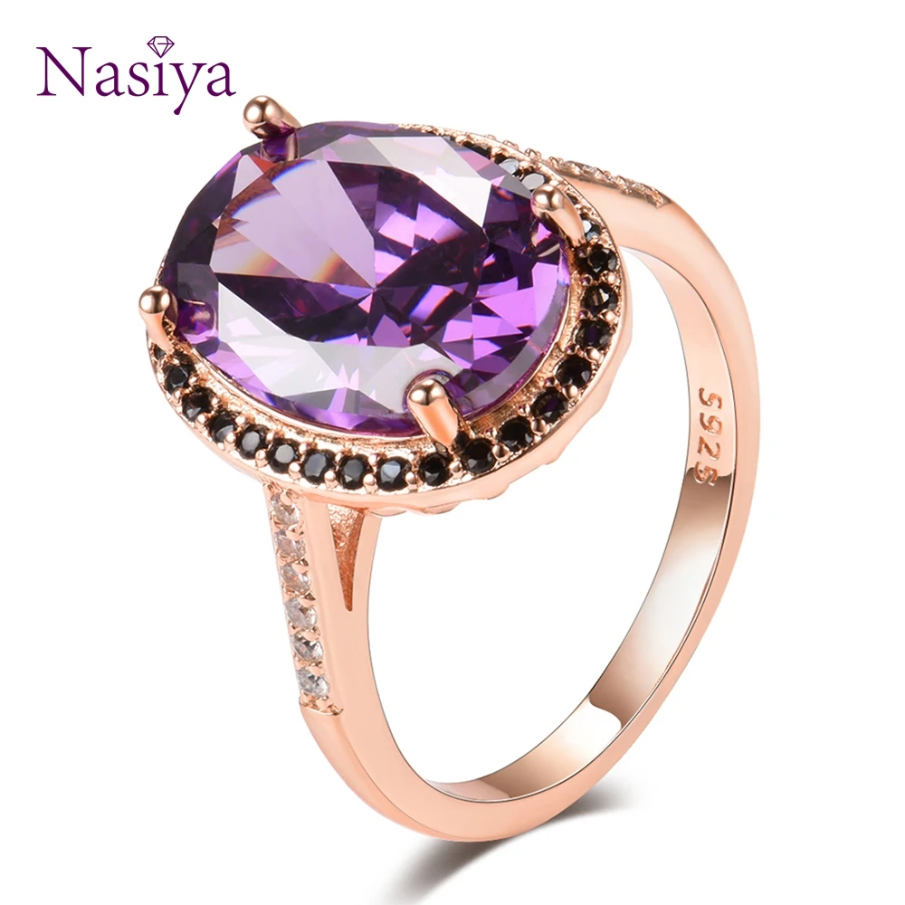 

Nasiya Rose Gold Luxury Created Amethyst Gemstone Rings For Women Real Silver Color Jewelry Ring Wedding Party Gift