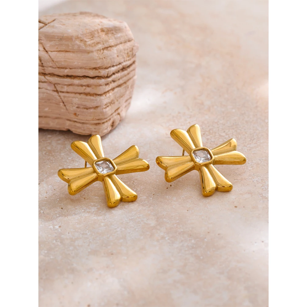 Yhpup Casting Cross Stainless Steel Stud Earrings Statement Rust Resistant Charm Waterproof 18K Gold PVD Plated Jewelry Women