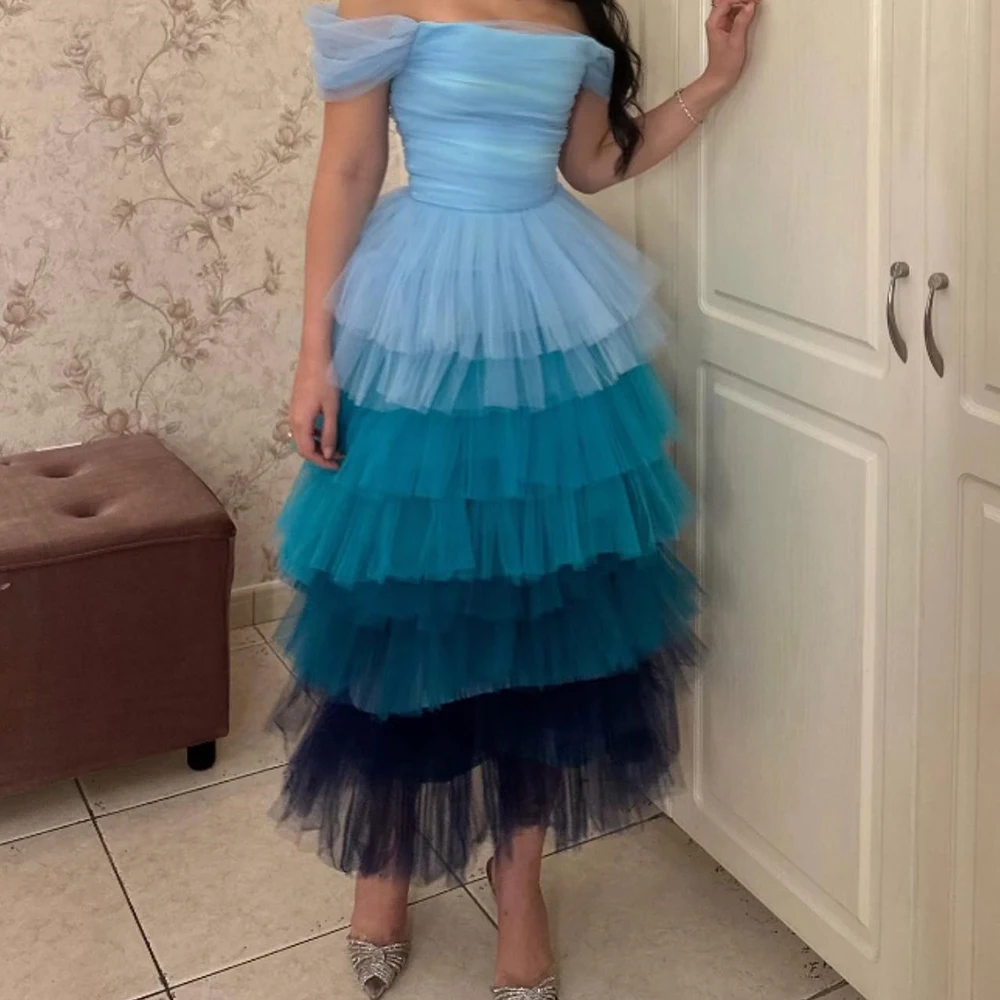 

Customized Exquisite Organza A-Line Off the Shoulder Tiered Evening Dress High Quality Ankle Length vestidos para mujer