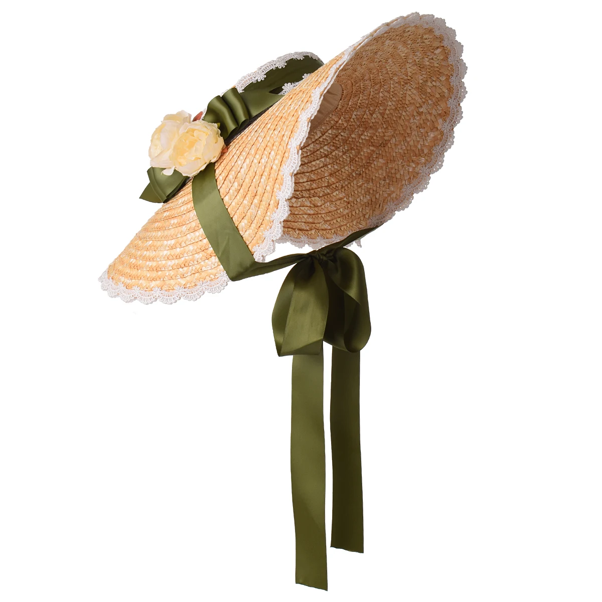 Women Lolita Straw Sun Hat Lace Ribbon Bowknot Wide Brim Elegant Tea Party Beach Flat Bonnet Cap