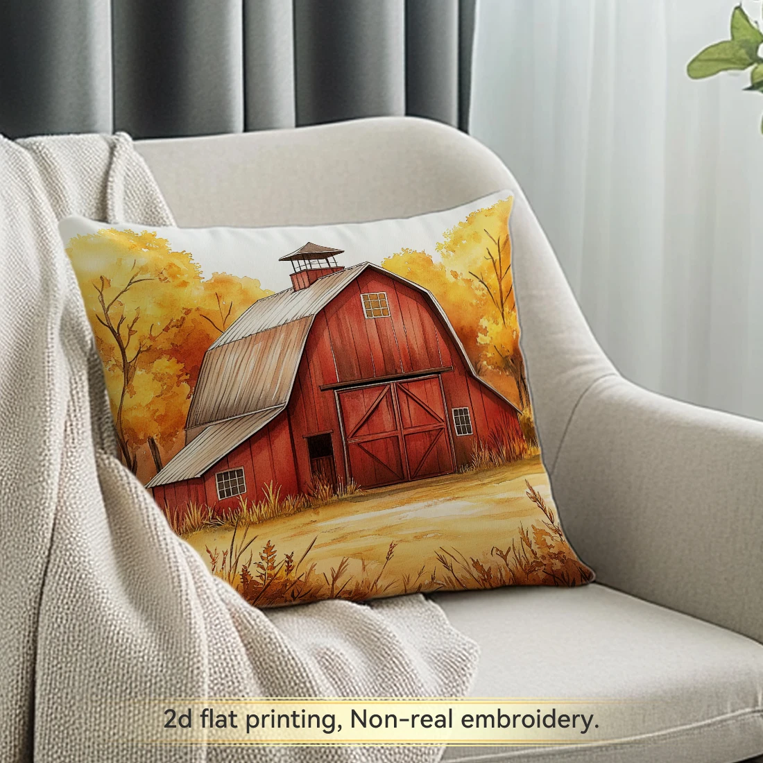 1pc Autumn Barn Watercolor Painting Cushions Pillowcase Polyester Cushion Cover Throw Pillow Pillowcover Home Car Sofa Decor