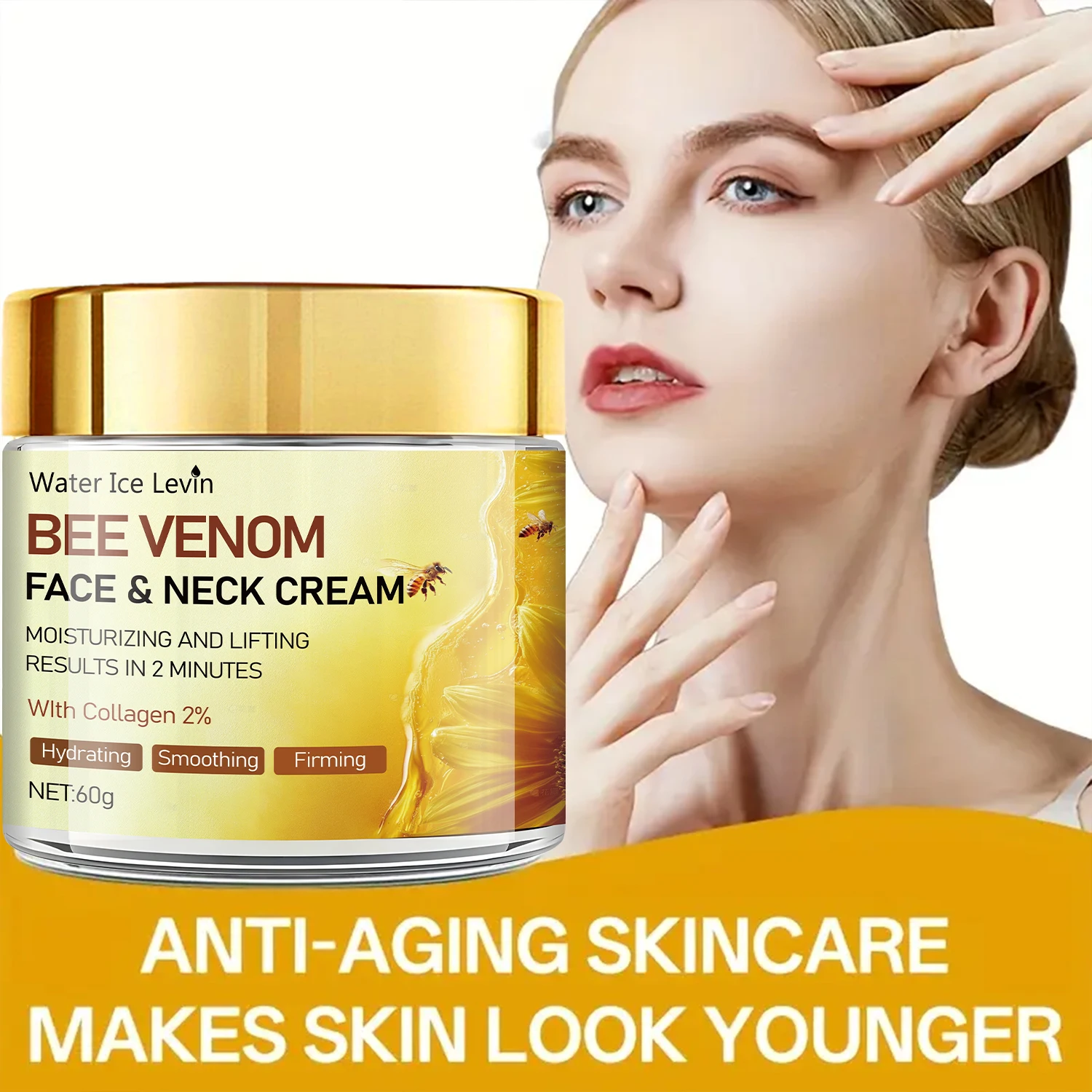 Water Ice Levin Bee Venom Face Cream. 2-Minute Moisturizing Lifting Results. 2% Collagen Smoothes Firms. Anti-Aging Glow. 60g.
