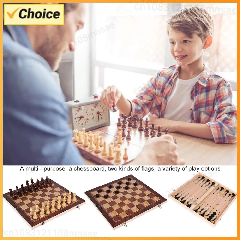 

Изысканный складной деревянный набор для шахмат и шашек 3-в-1, дорожный шахматный набор для настольных игр