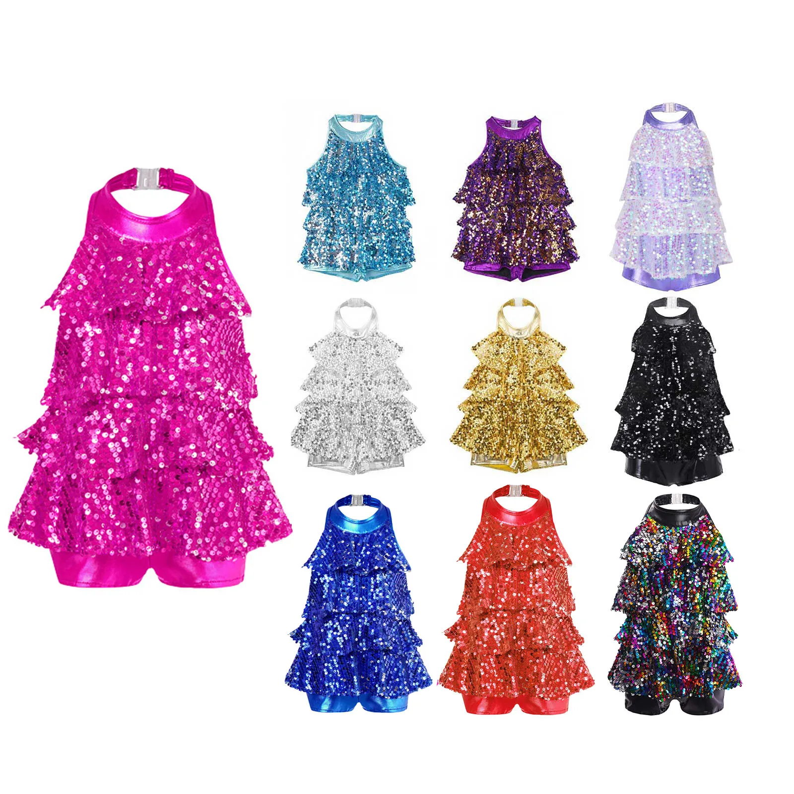

Girls Kids Halter Shiny Sequins Ballet Dance Shorty Unitard Dress Teens Jazz Modern Dance Costume Child Performance Dancewear