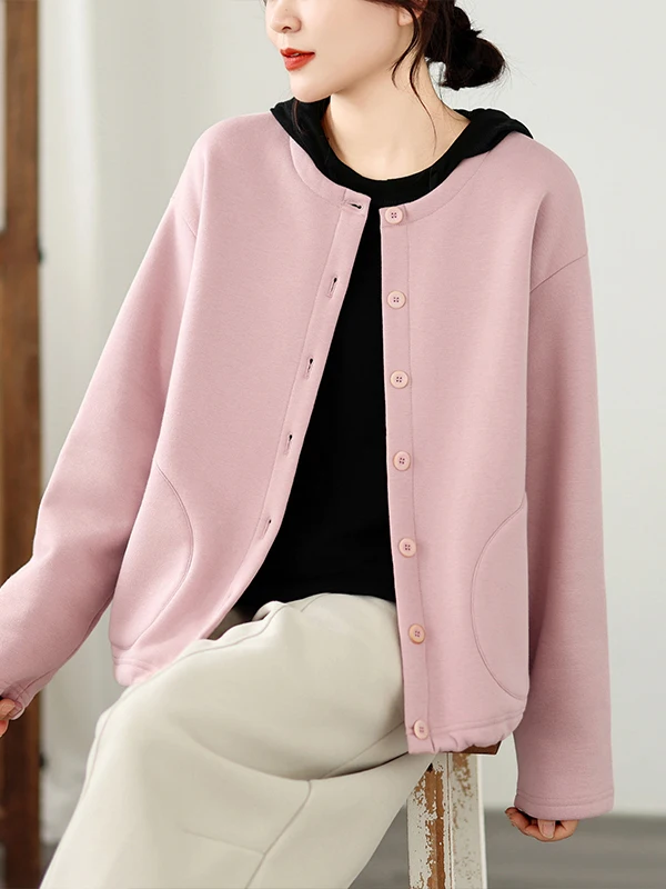 Thickened Fleece Jacket Women's round Neck Short Top Warm Pure Color Cardigan Original Design Loose Fit Long Sleeve Autumn New