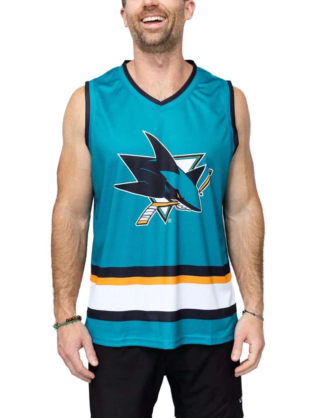 Summer Mens Tank Top San Jose Sharks Team Graphic Hockey Jersey Striped Trim Gym Fitness Workout Vest Casual Family Matching