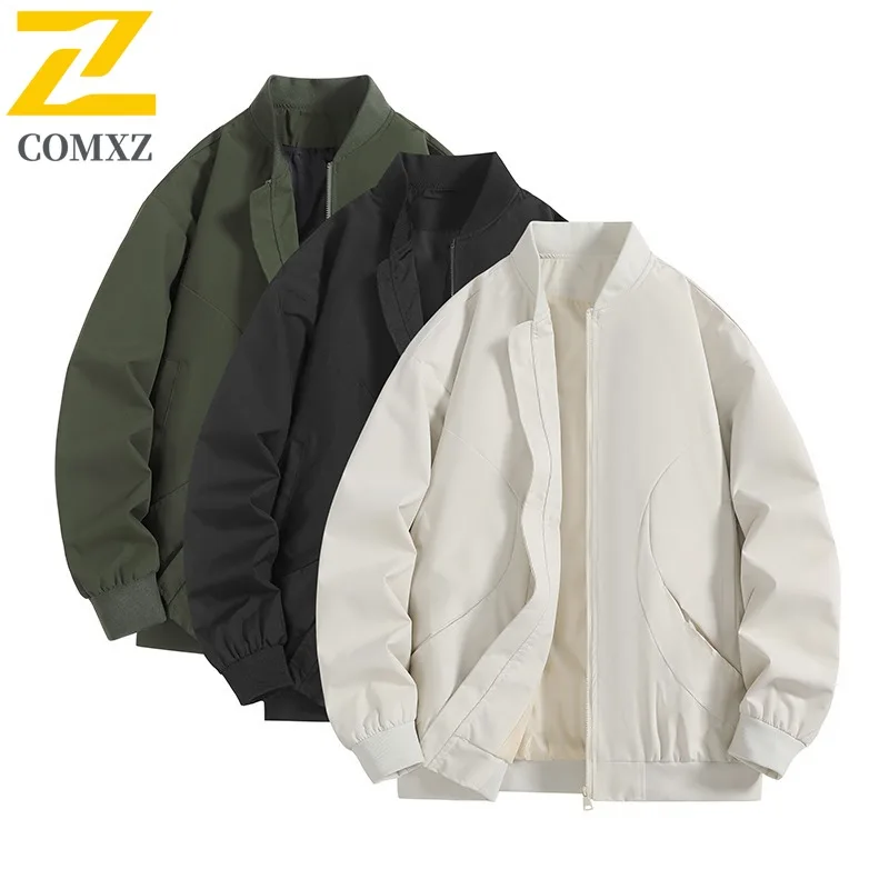 سترة COMXZ للرجال للخريف متعددة الاستخدامات وياقة واقفة، معطف مريح غير رسمي للأعمال، لون نقي، معاطف متينة مقاومة للرياح أثناء السفر