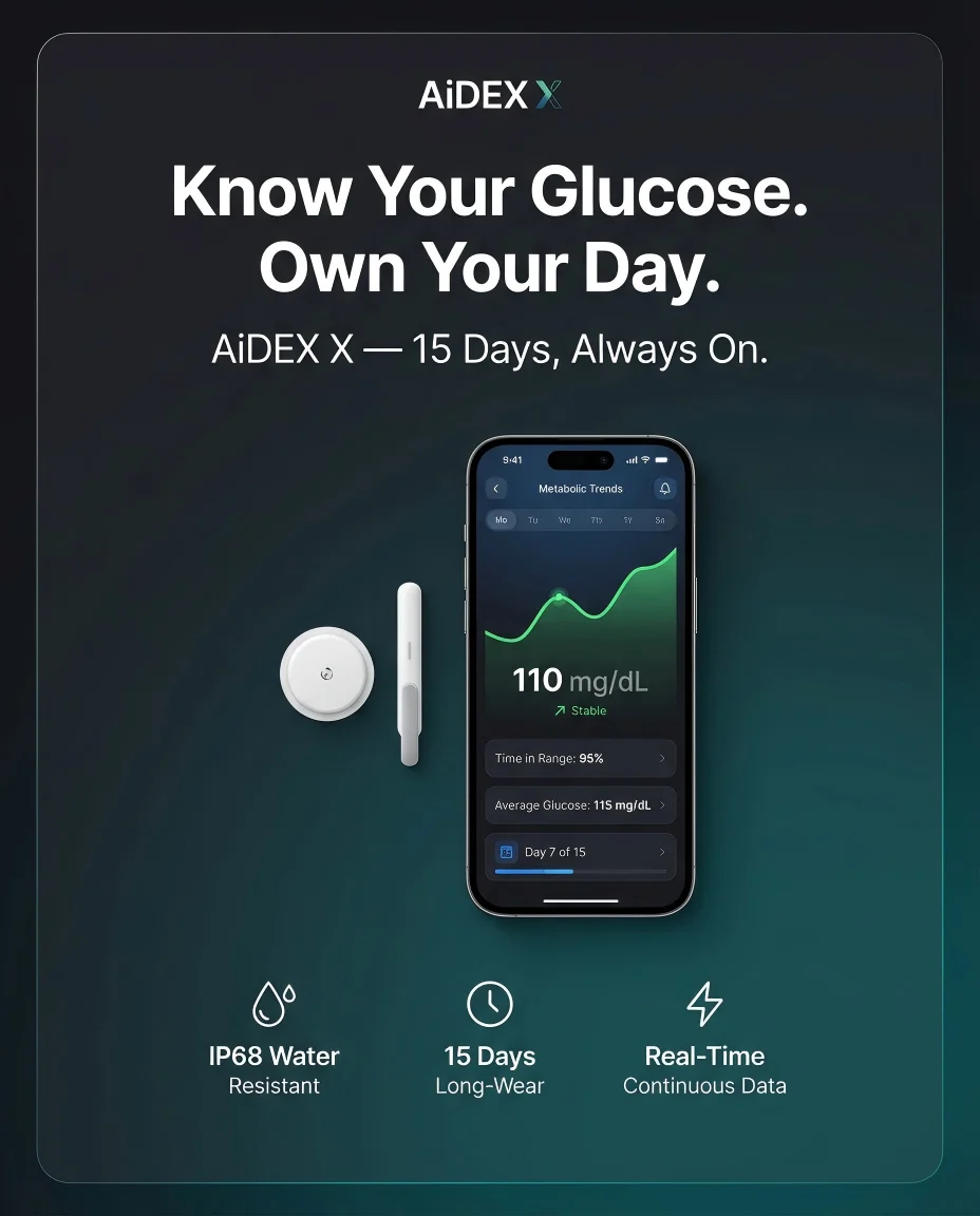 AiDEX X Smart Biosensor Patch: Monitor de Metabolismo Contínuo de 15 Dias |   Insights sobre Glicose em Tempo Real |   À Prova d'Água IP68 |   Sem Dedos