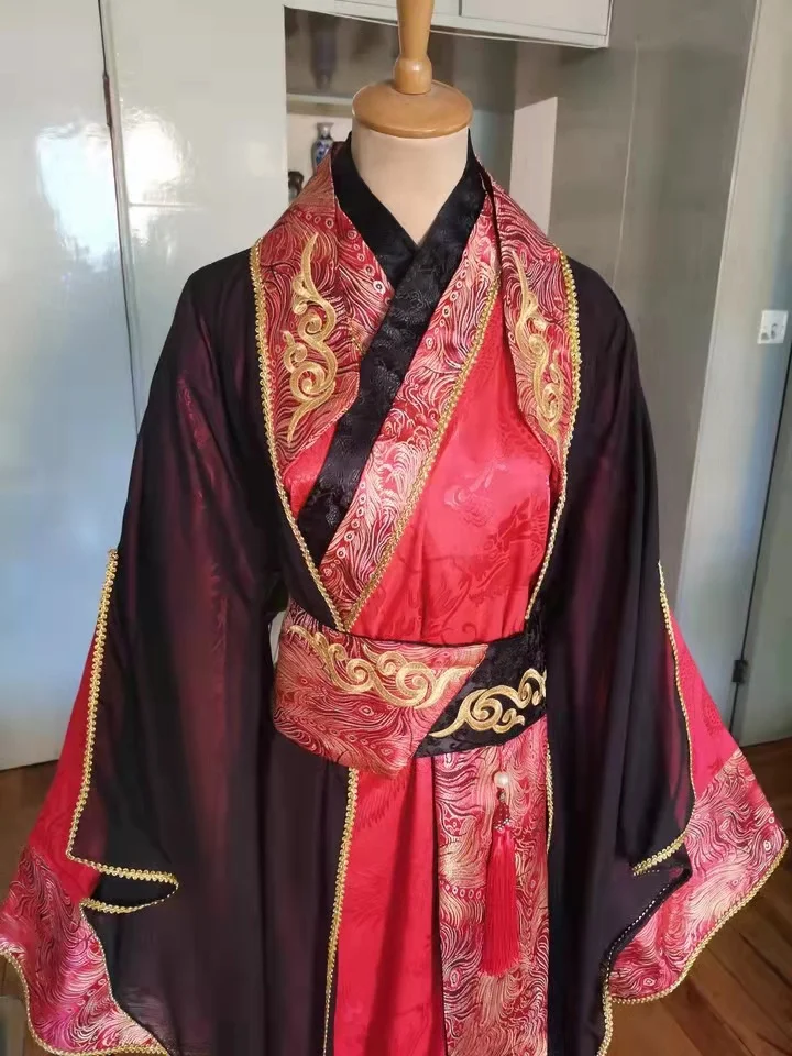 Clear Stock Black Blue Red 2 Colors Male Costume Hanfu for Stage Performance or TV Play Free shipping Swordman Cosplay Outfits