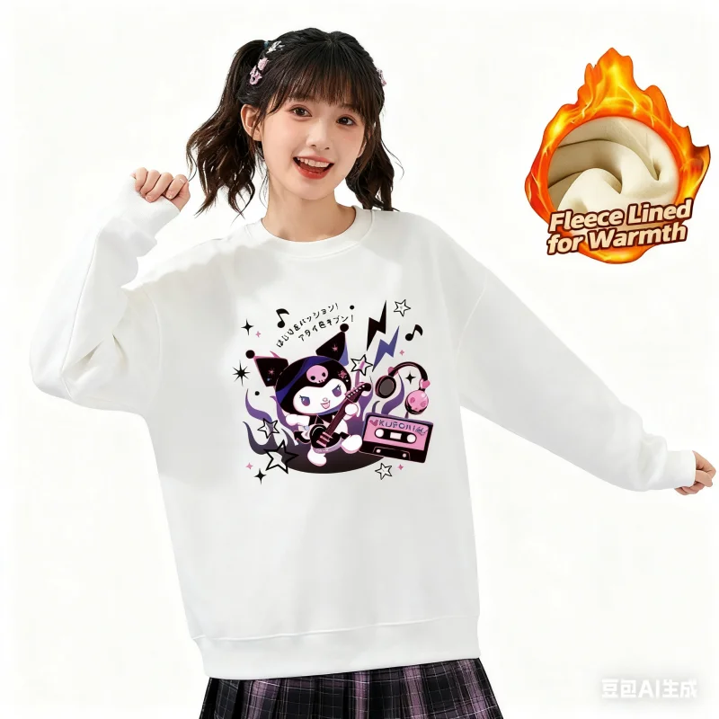 

2025 Sanrio Series Printed Crew Neck Long-Sleeve Top, Cute and Warm Fleece-Lined Crew Neck Long-Sleeve T-Shirt, 100% Cotton
