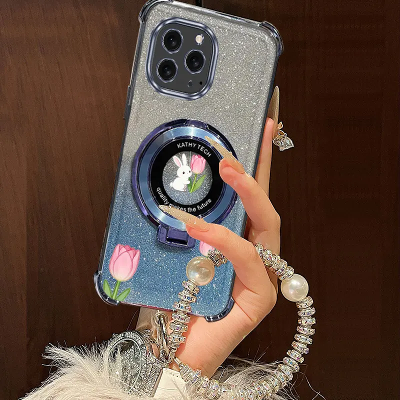 진주 스트랩 랜야드 반짝이는 장난스러운 토끼 폰 홀더 케이스 아이폰 16 15 14 13 12 11 Xs Pro Max Mini X XR Plus 16E 커버용