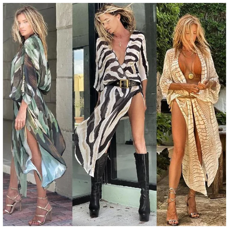 

Sexy Striped Print Loose Beachwear Sunscreen Chiffon Open Cardigan Mid-Length Seven-Sve All-Match Summer Faion for Women