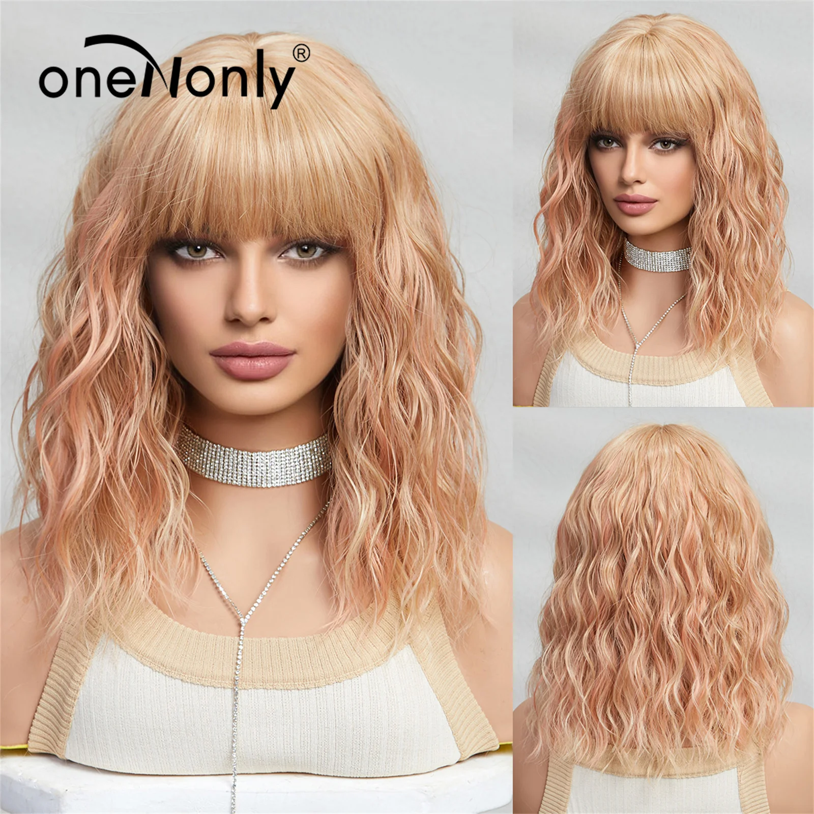 

OneNonly Short Blonde Synthetic Wigs for Women Bob Wigs with Bangs Lolita Party Natural Hair Wigs High Temperature Hair