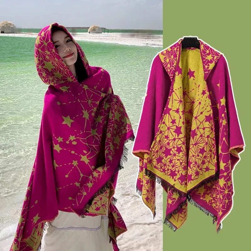 New Poncho Winter imitate Cashmere Women Vintage Preppy Print Hooded Cape Warm Femme Cloak Para Mujer Pashmina Wrap