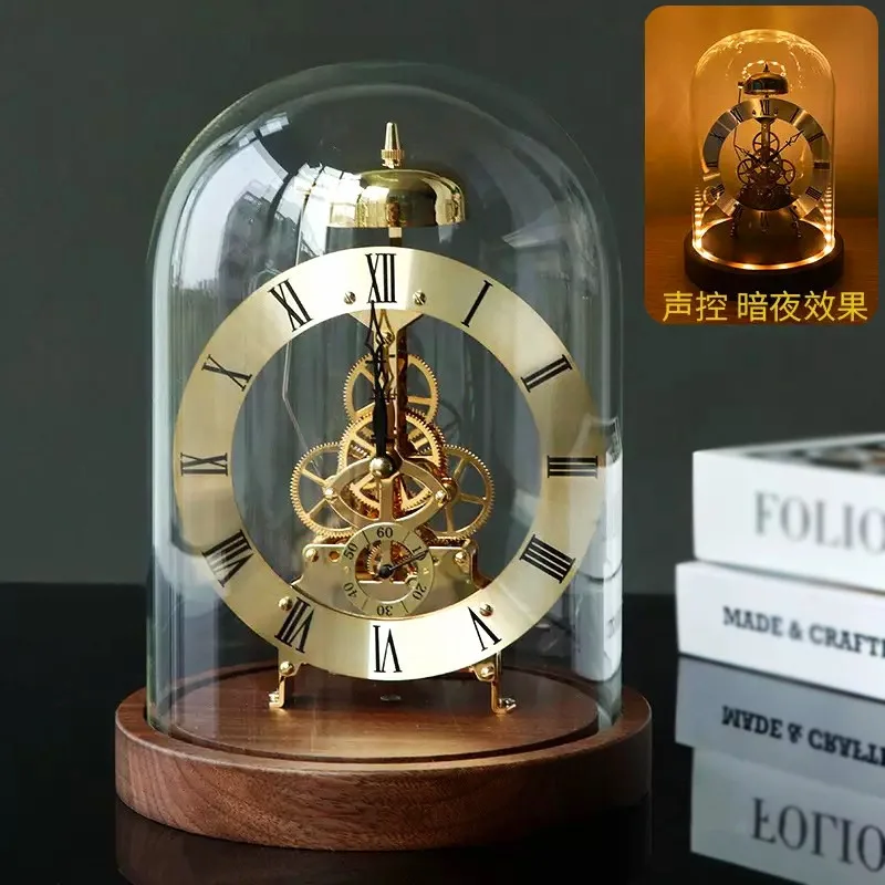 Light luxury high-end seat clock black walnut mechanical  art desk clock luminous European retro metal quartz clock