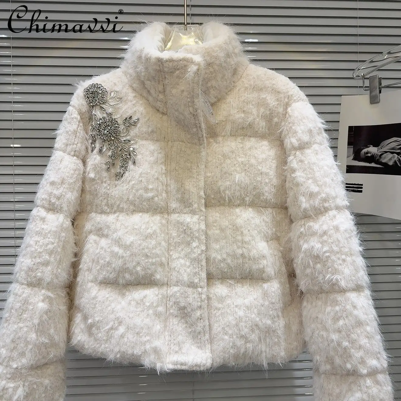 2024 Winter New Heavy Flash Diamond Bead Flower Plush White Duck Down Jacket Loose Long Sleeve Elegant Warm Women's Down Coats