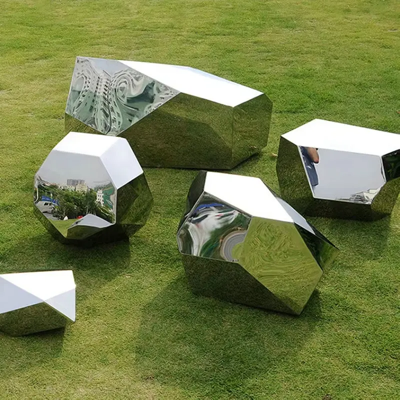 Garden Stainless Steel Geometric Sculpture, Polishing Mirror Surface Stone-shaped Sculpture, Outdoor Park Landscape Sculpture