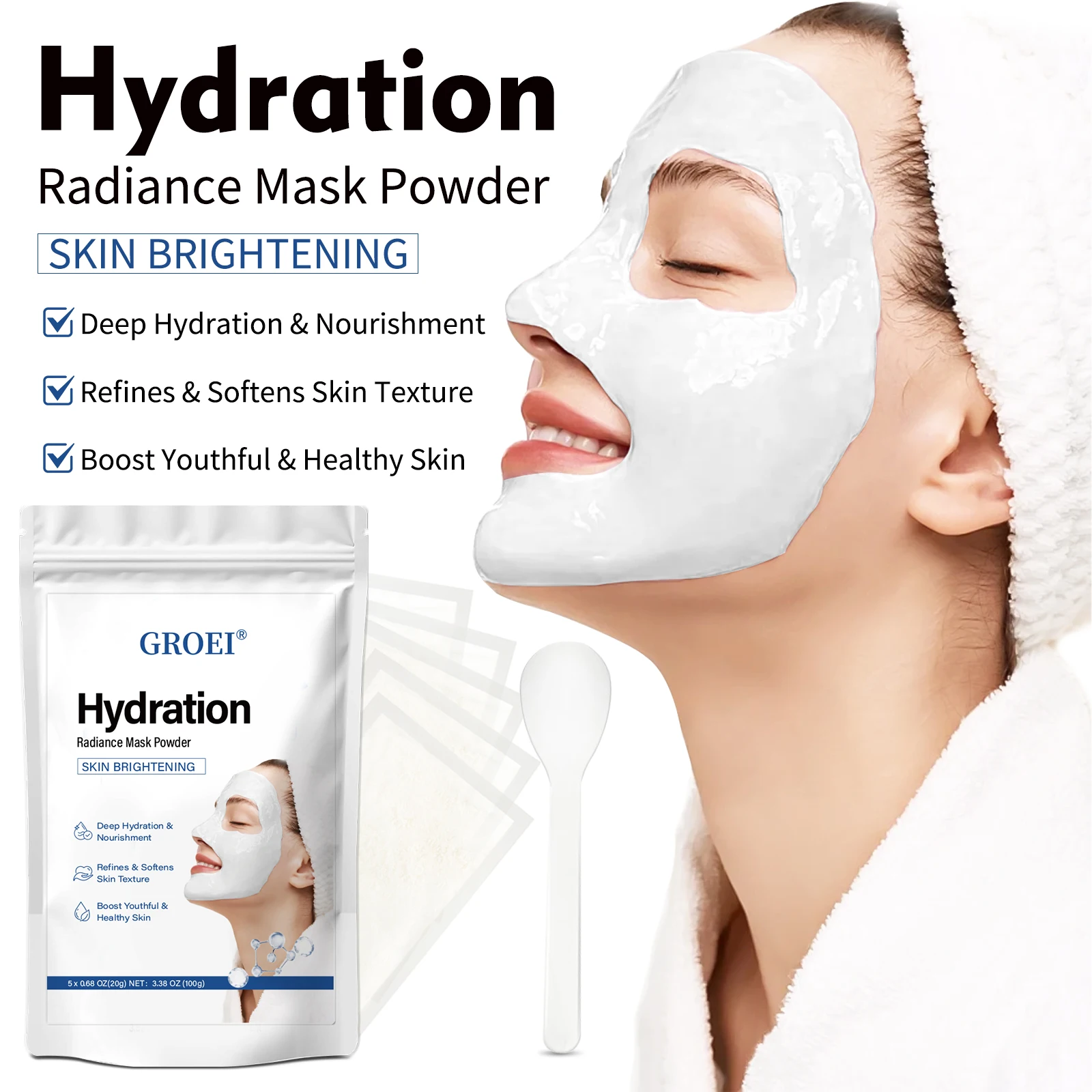 GROEI-mascarilla en polvo de ácido hialurónico con espátula, incluso el tono de la piel, aumenta la elasticidad Facial, tratamiento Facial iluminador e hidratante