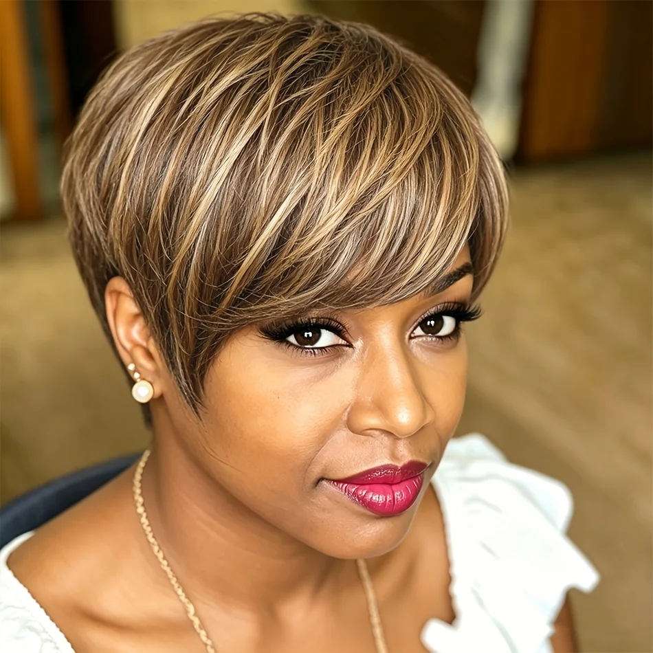 Highlight Brown Short Pixie Cut Wig Human Hair – Full Machine Made Construction for Durability, Natural Looking Layered Style