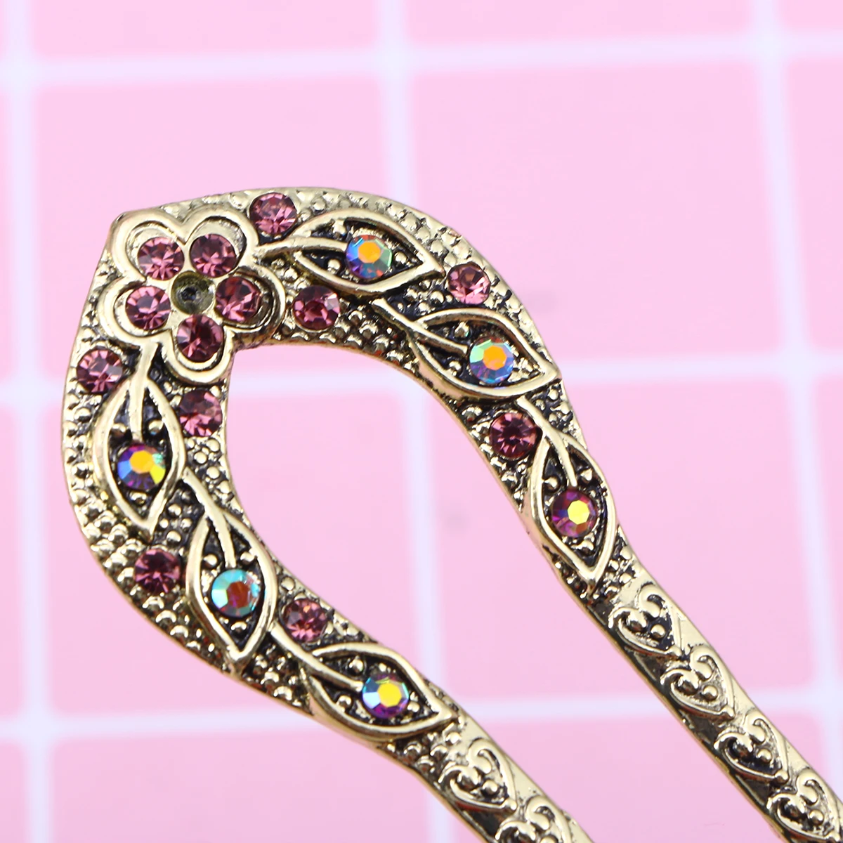 

U Shaped Double Prong Crystal Hair Pin Chignon Hairpin Alloy Durable Hairstyle Accessory Party Wedding Banquet Purple