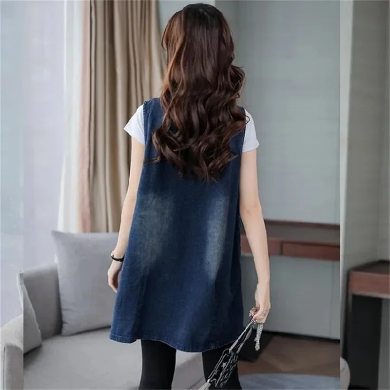 

Vest Denim Jacket Fashion Ladies Jean Vest Spring Autumn New Mid-Length Vest Jacket Sleeveless Fat Female Waistcoat Good Quality