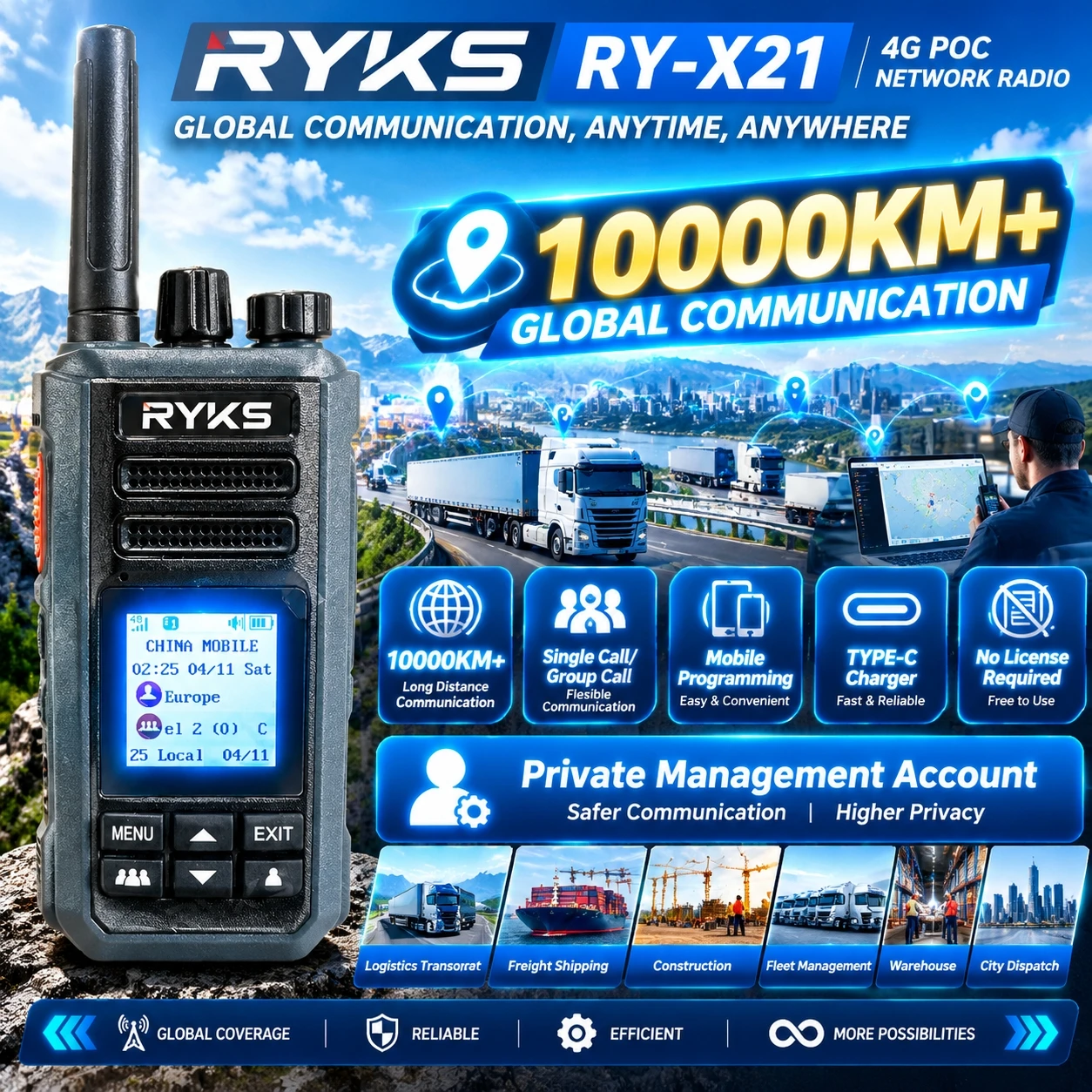 GXIN POC Walkie Talkie 10000KM+ Long Range 4G Network Radio Single Group Call Mobile Programming Type-C No License Required